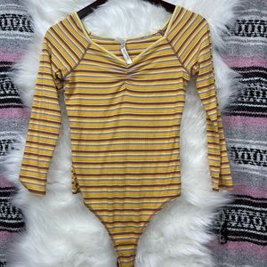 Free People • Retro Inspired Ribbed+Striped Bodysuit • Yellow • S
